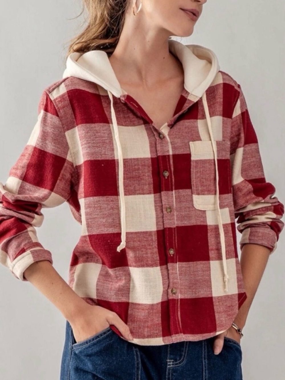 American Eagle Red and Cream Plaid Button-Up Hooded Shirt